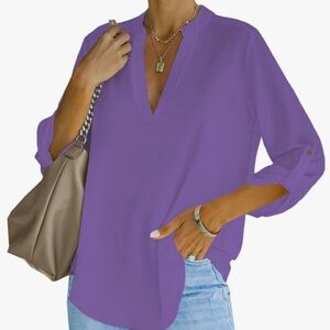Roswear Women's Business Casual V Neck Cuffed Sleeve Blouse